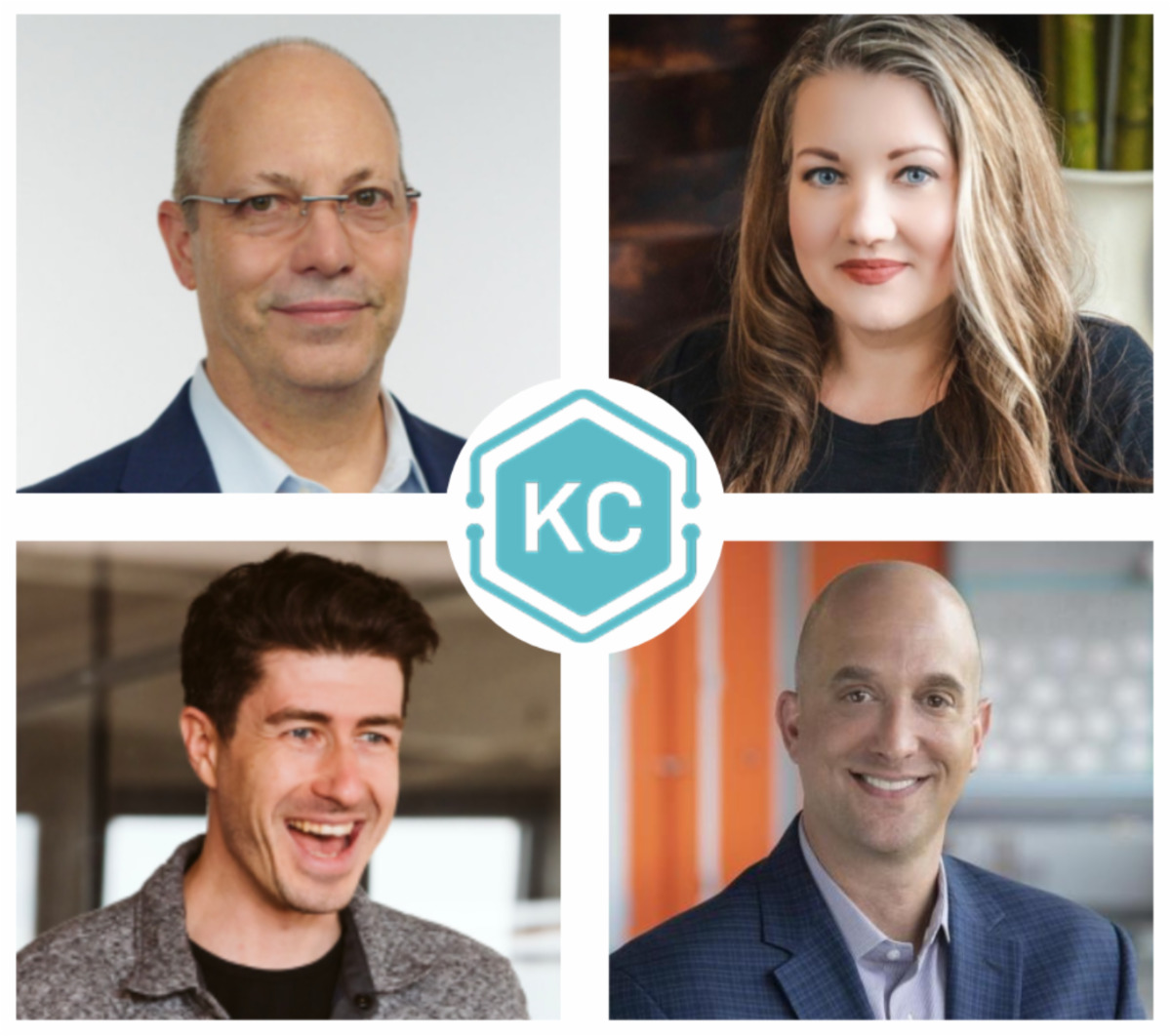 Collage of four people in business attire around a central KC logo.