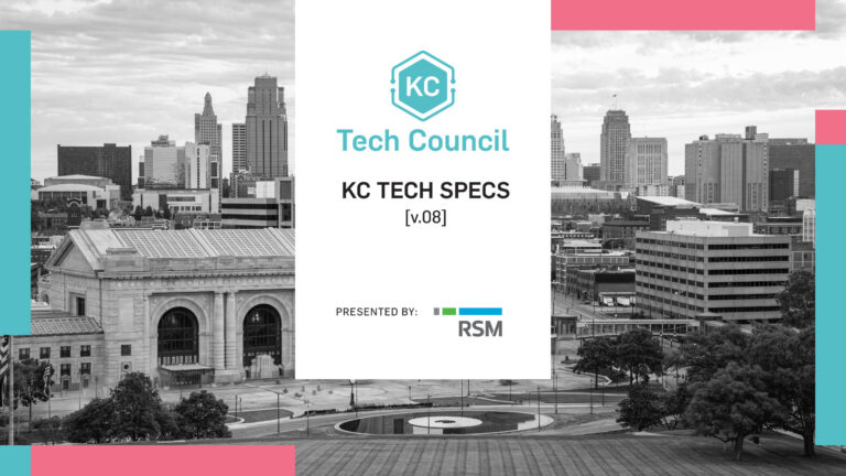 Central white cover displays tech logo and title, over a black-and-white city skyline with a classical train station and a circular reflecting pool in a tree-lined park.

Text (transcribed exactly):
KC
Tech Council
KC TECH SPECS
[v.08]
PRESENTED BY:
RSM