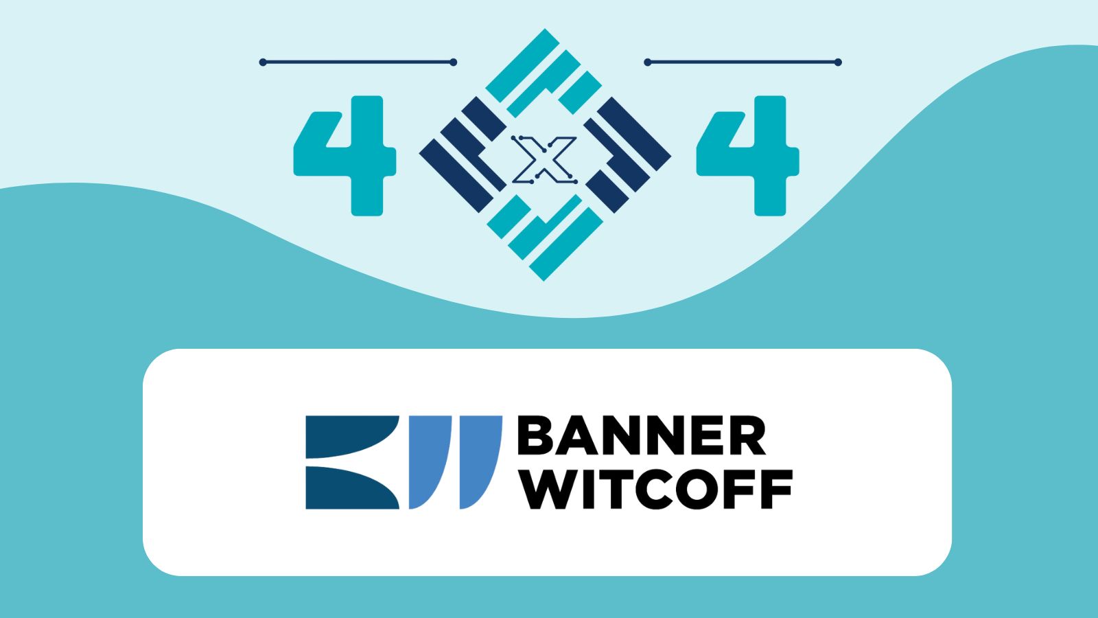 Graphic banner with the numbers 4 on each side of a blue diamond emblem above a white rounded rectangle displaying the Banner Witcoff logo.