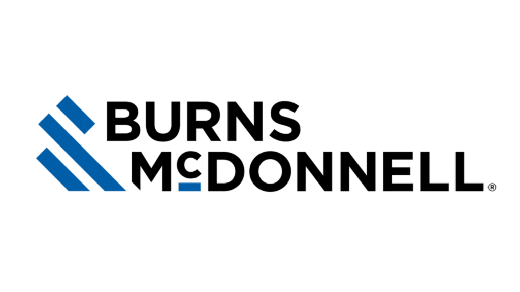 Wordmark "BURNS MCDONNELL®" displayed in bold black type with a blue angled three‑stripe emblem to its left, presented on a plain white background.