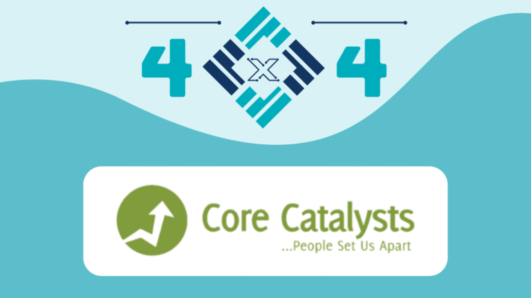 Core Catalysts logo sits centered on a white rounded rectangle, flanked by large teal "4"s and topped by a geometric emblem, all against a wavy teal-and-light-blue background.

Text found: "4"  "4"  "Core Catalysts"  "...People Set Us Apart"