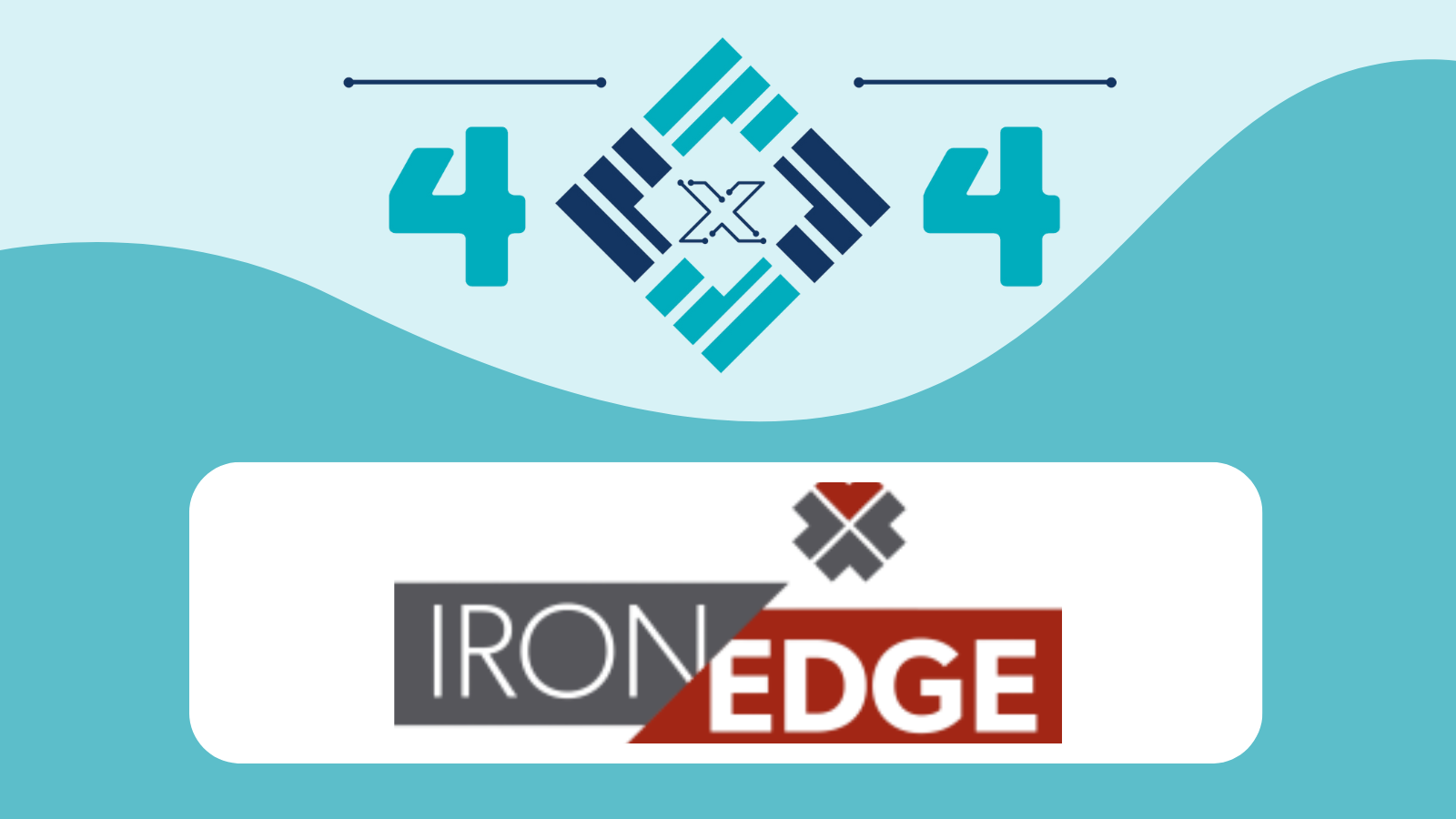 IRON EDGE logo centered inside a white rounded rectangle, displayed beneath a diamond emblem with stylized "X" and flanked by two large teal "4"s, over a teal wavy background.

Text: IRON, EDGE, 4, 4, X