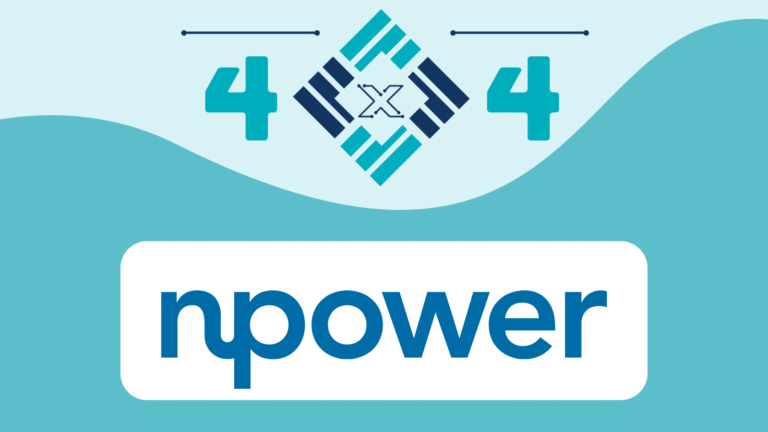 npower wordmark sits centered on a white rounded rectangle beneath a teal wave; above, a geometric diamond emblem displays "4 x 4" in turquoise and navy on a pale-blue background.