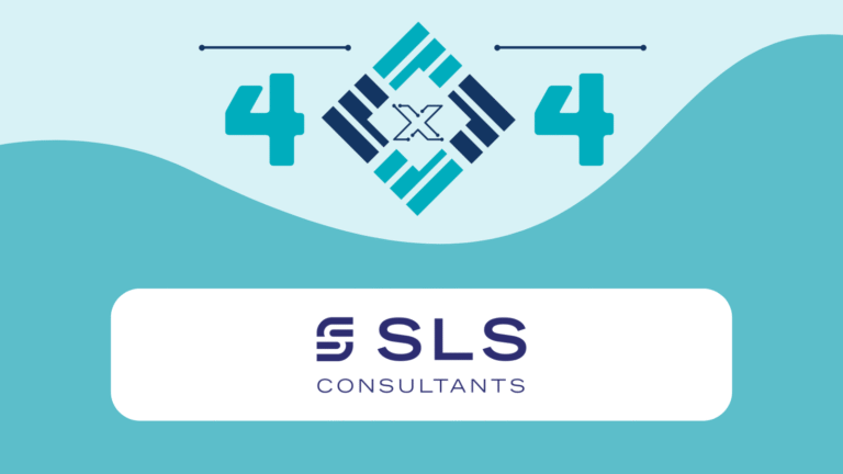 Central diamond logo with an "X" between two large turquoise 4s above a white rounded rectangle that displays "SLS CONSULTANTS"; light-teal background with a darker-teal wave.

Text in image: 4   X   4   SLS CONSULTANTS