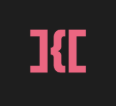 Stylized neon-pink bracket shapes—curly brace flanked by square brackets—face each other, forming a symmetrical emblem centered on a dark charcoal background.