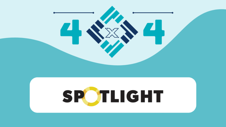 SPOTLIGHT, flanked by numerals "4" and "4" and a diamond containing an "X", centered in a white rounded rectangle above a teal, wavy background.