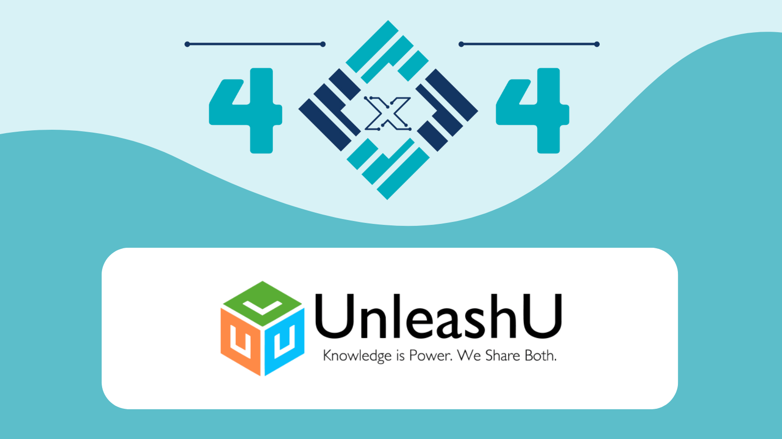 A multicolored cube logo and UnleashU wordmark sit centered on a white rounded rectangle, below a teal wavy background with two large turquoise "4"s and a geometric emblem above.

Text: UnleashU
Knowledge is Power. We Share Both.