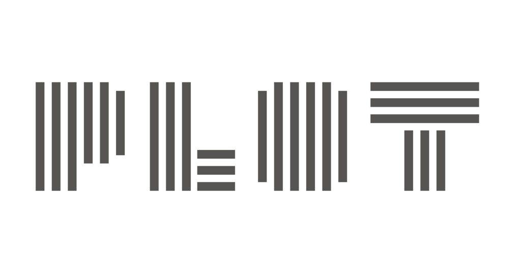 PLOT wordmark logo in dark gray on white background, with each letter constructed from vertical and horizontal bars in a minimalist, barcode-inspired style.