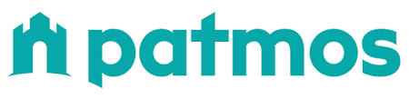 Patmos logo featuring a teal icon of two house-like structures with arched doorways alongside the word "patmos" in teal lowercase letters.